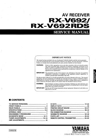 YAMAHA RX-V692 RX-V692RDS AV RECEIVER SERVICE MANUAL INC BLK DIAGS PCBS SCHEM DIAGS AND PARTS LIST 57 PAGES ENG