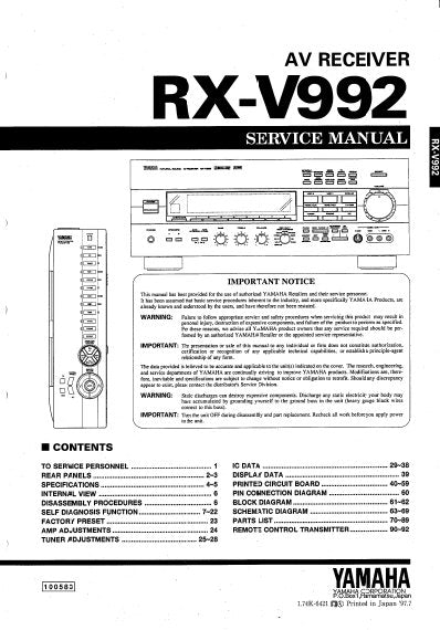 YAMAHA RX-V992 AV RECEIVER SERVICE MANUAL INC BLK DIAGS PCBS SCHEM DIAGS AND PARTS LIST 78 PAGES ENG