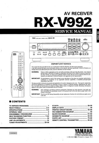 YAMAHA RX-V992 AV RECEIVER SERVICE MANUAL INC BLK DIAGS PCBS SCHEM DIAGS AND PARTS LIST 78 PAGES ENG