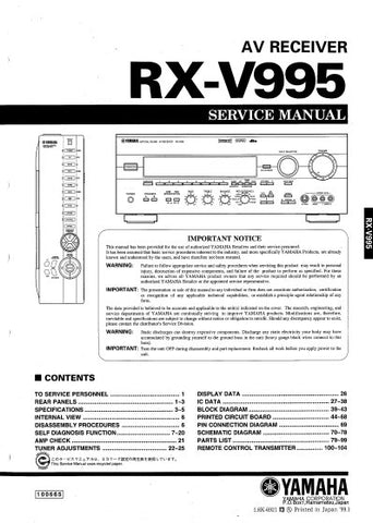 YAMAHA RX-V995 AV RECEIVER SERVICE MANUAL INC BLK DIAGS PCBS SCHEM DIAGS AND PARTS LIST 90 PAGES ENG