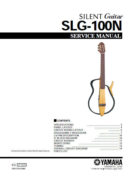YAMAHA SLG-100N SILENT GUITAR SERVICE MANUAL INC PCBS SCHEM DIAG AND PARTS LIST 22 PAGES ENG
