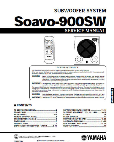 YAMAHA SOAVO-900SW SUBWOOFER SYSTEM SERVICE MANUAL INC BLK DIAG PCBS SCHEM DIAGS AND PARTS LIST 36 PAGES ENG JAP
