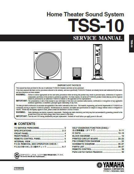 YAMAHA TSS-10 HOME THEATER SOUND SYSTEM SERVICE MANUAL INC BLK DIAG PCBS SCHEM DIAGS AND PARTS LIST 40 PAGES ENG