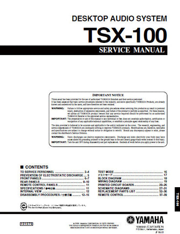 YAMAHA TSX-100 DESKTOP AUDIO SYSTEM SERVICE MANUAL INC BLK DIAG PCBS SCHEM DIAGS AND PARTS LIST 40 PAGES ENG