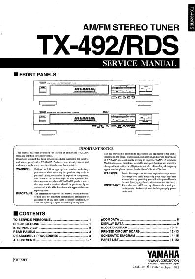 YAMAHA TX-492 TX-492RDS AM FM STEREO TUNER SERVICE MANUAL INC BLK DIAG PCBS SCHEM DIAGS AND PARTS LIST 22 PAGES ENG