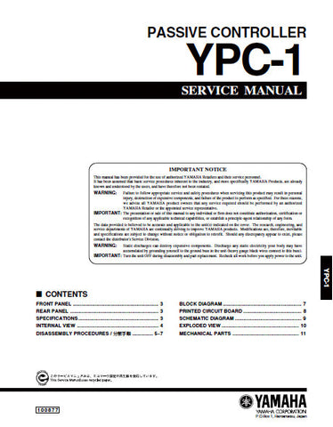 YAMAHA YPC-1 PASSIVE CONTROLLER SERVICE MANUAL INC BLK DIAG PCB SCHEM DIAG AND PARTS LIST 10 PAGES ENG