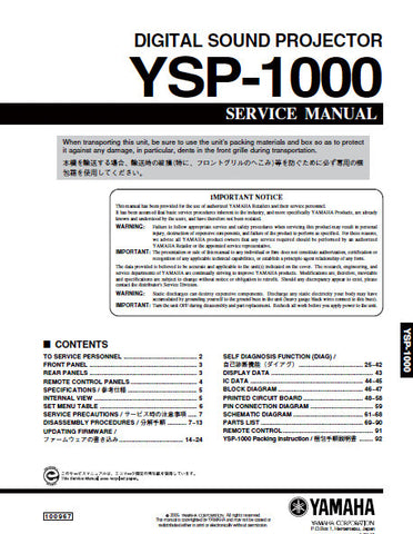 YAMAHA YSP-1000 DIGITAL SOUND PROJECTOR SERVICE MANUAL INC BLK DIAG PCBS SCHEM DIAGS AND PARTS LIST 92 PAGES ENG JAP